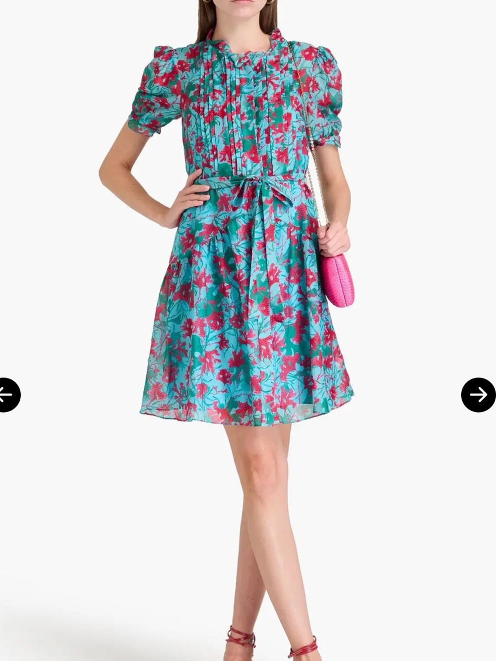 Saloni Penny Belted Floral Mini Dress US 10 Silk Blend Blue Pink Puff Sleeve